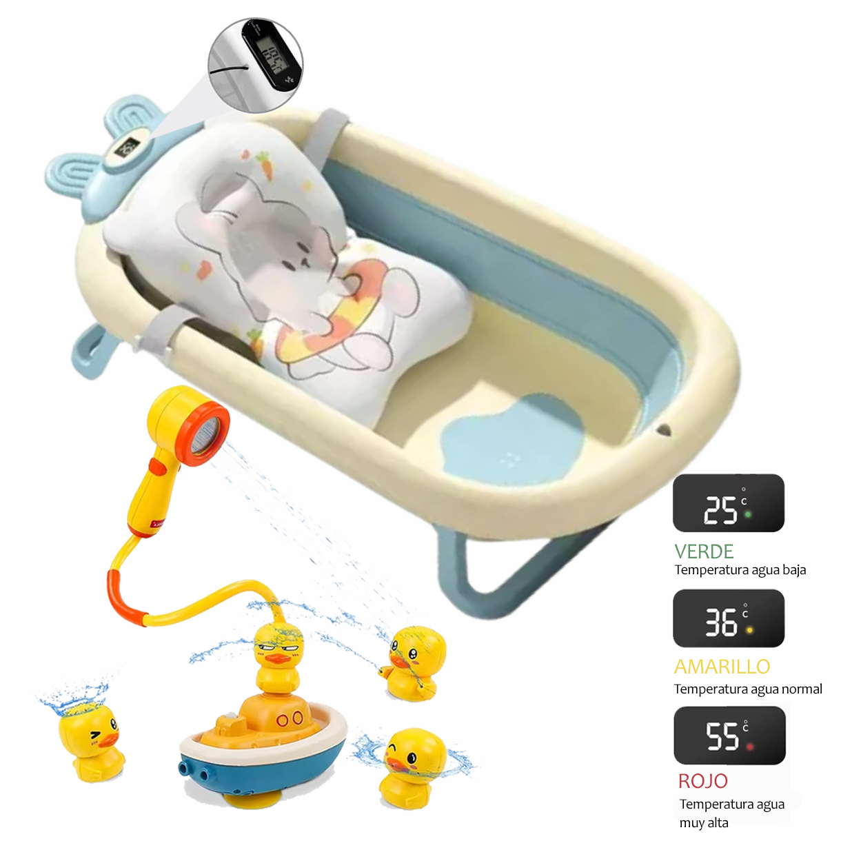 Bañera Tina Grande Para Bebe Plegable Con Termometro Digital+Cojín