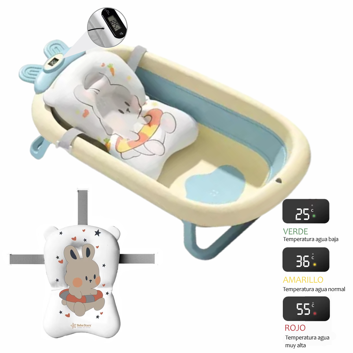 Bañera Tina Grande Para Bebe Plegable Con Termometro Digital+Cojín