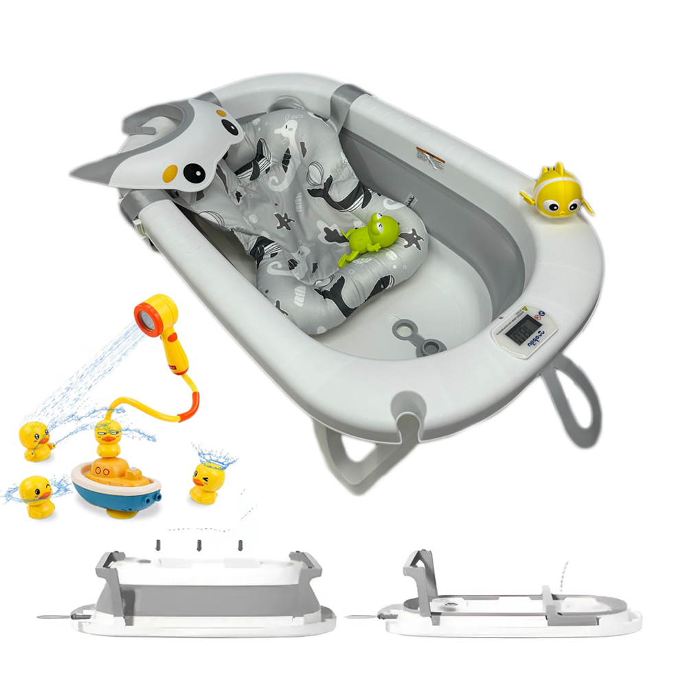 Bañera Para Bebe Plegable Con Termometro +Cojín+Gorro De Baño +Juguetes Flotantes!