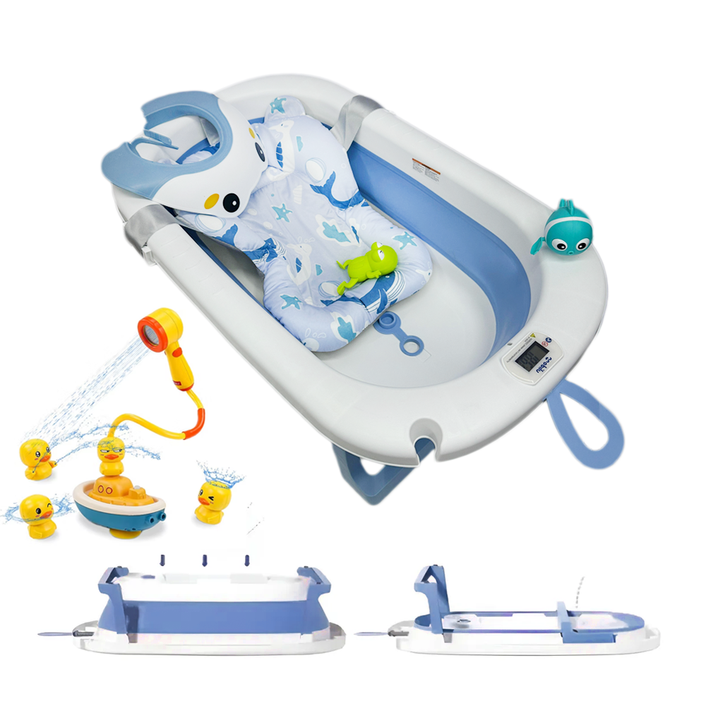 Bañera Para Bebe Plegable Con Termometro +Cojín+Gorro De Baño +Juguetes Flotantes!