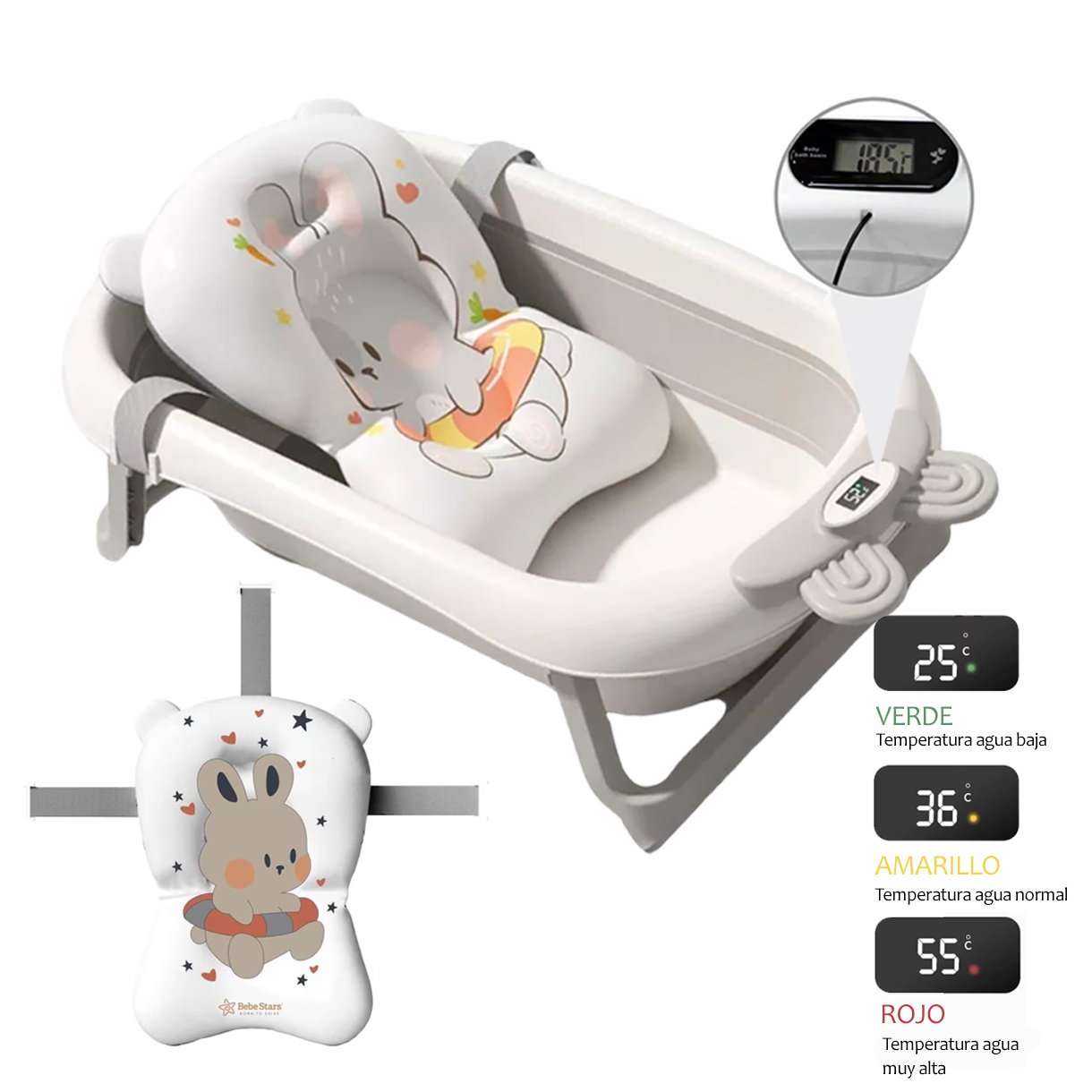 Bañera Tina Grande Para Bebe Plegable Con Termometro Digital+Cojín