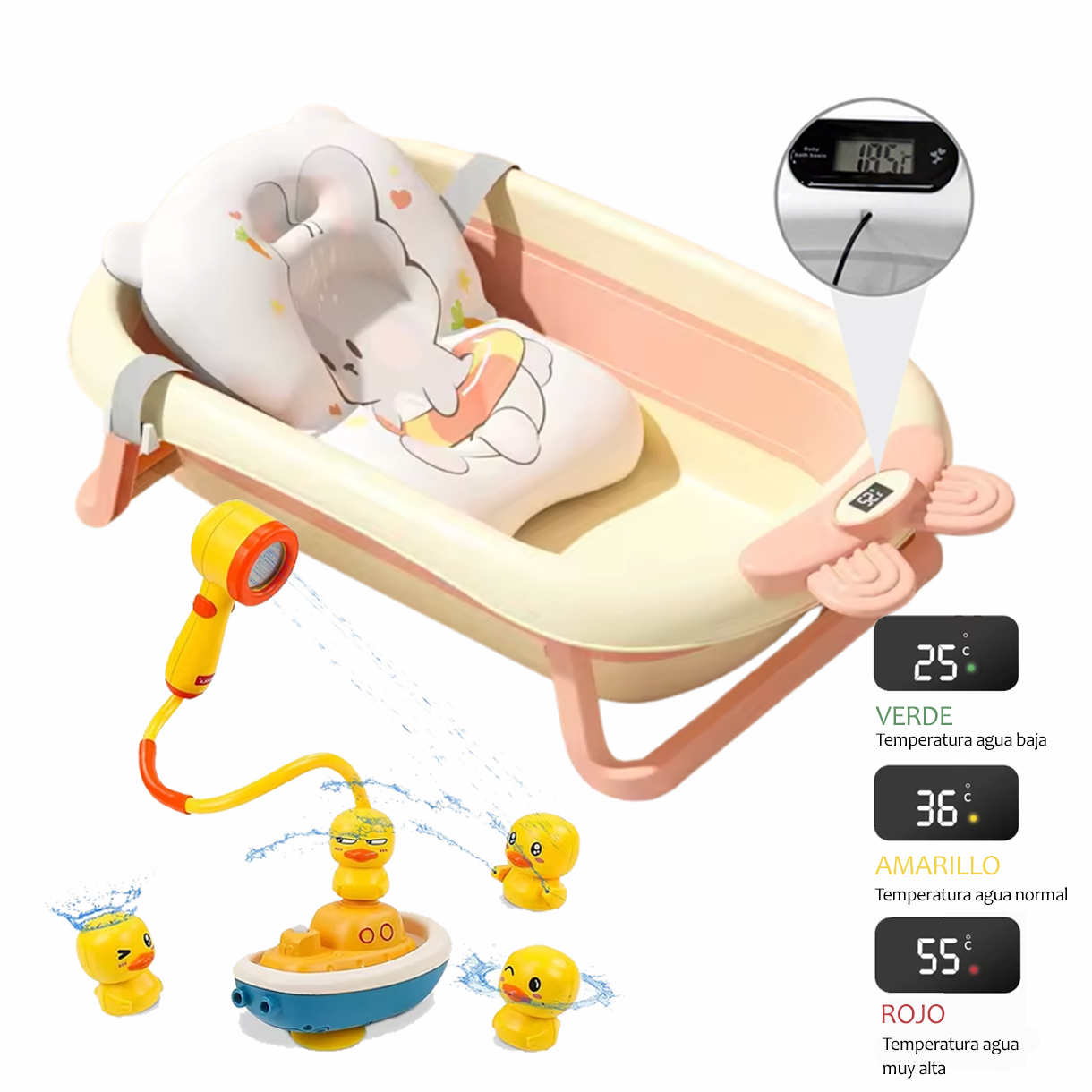 Bañera Tina Grande Para Bebe Plegable Con Termometro Digital+Cojín