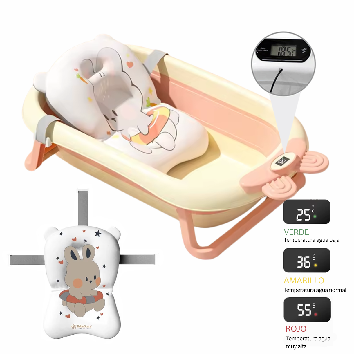 Bañera Tina Grande Para Bebe Plegable Con Termometro Digital+Cojín