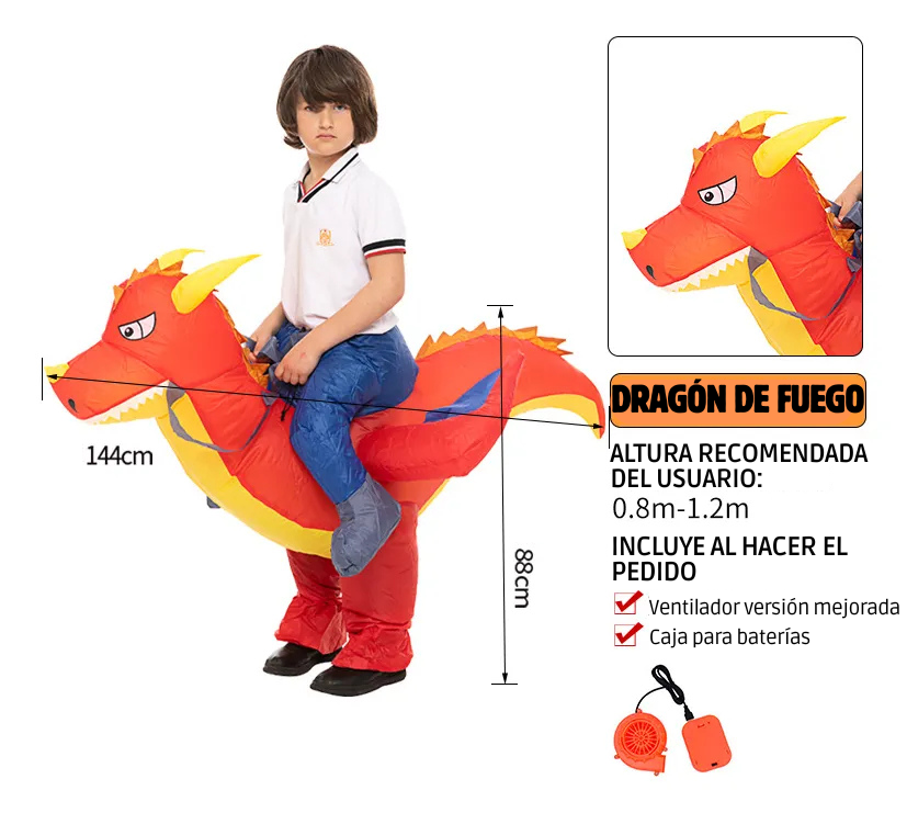Disfraz Inflable Dragón De Fuego Para Niño Con Ventilador Y Caja De Baterías Halloween 88x144cm