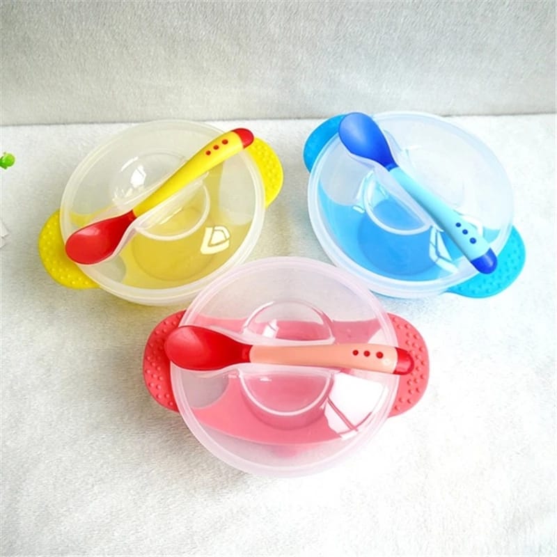 Plato Anti-derrame Chupa Para Bebes + Cuchara Silicona y Tapa