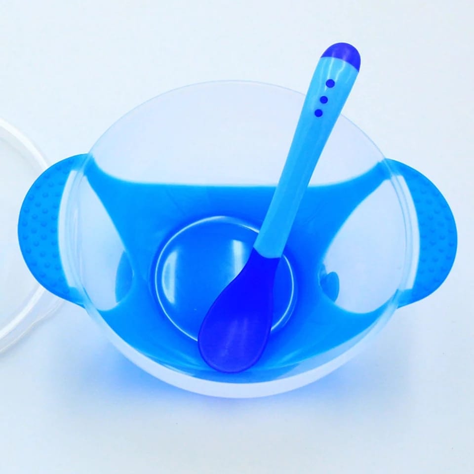 Plato Anti-derrame Chupa Para Bebes + Cuchara Silicona y Tapa
